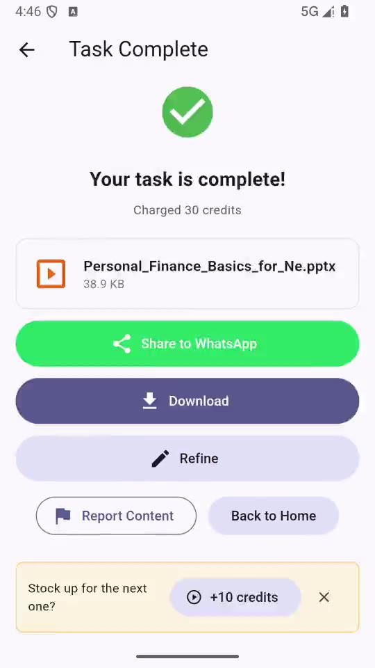 Screen recording: typing a topic, then the generated PowerPoint file opening